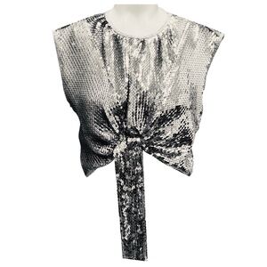 PACO RABANNE SILVER DRAPED SEQUIN TOP